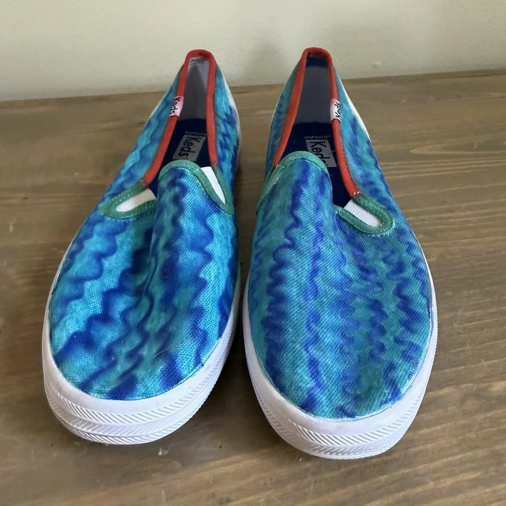 Keds Womens 7.5 Blue Teal Tie Dye Red Trim Slip On Flat Sneakers Shoes